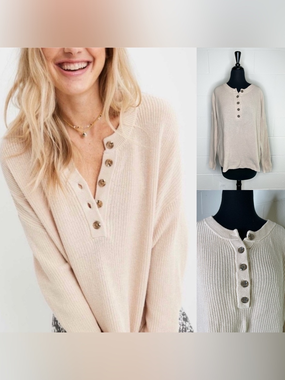 Aerie Women’s Cream Oversized Henley Knit Sweater